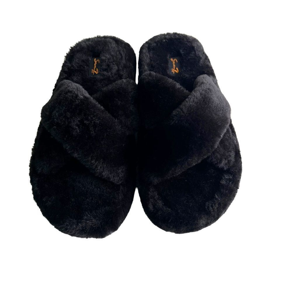 Seven 7 Fluffy Black Kiki Faux Fur Slide Women’s  rosa Straps Size 6